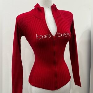 Vintage Bebe Crimson Ribbed Zip-Up Top